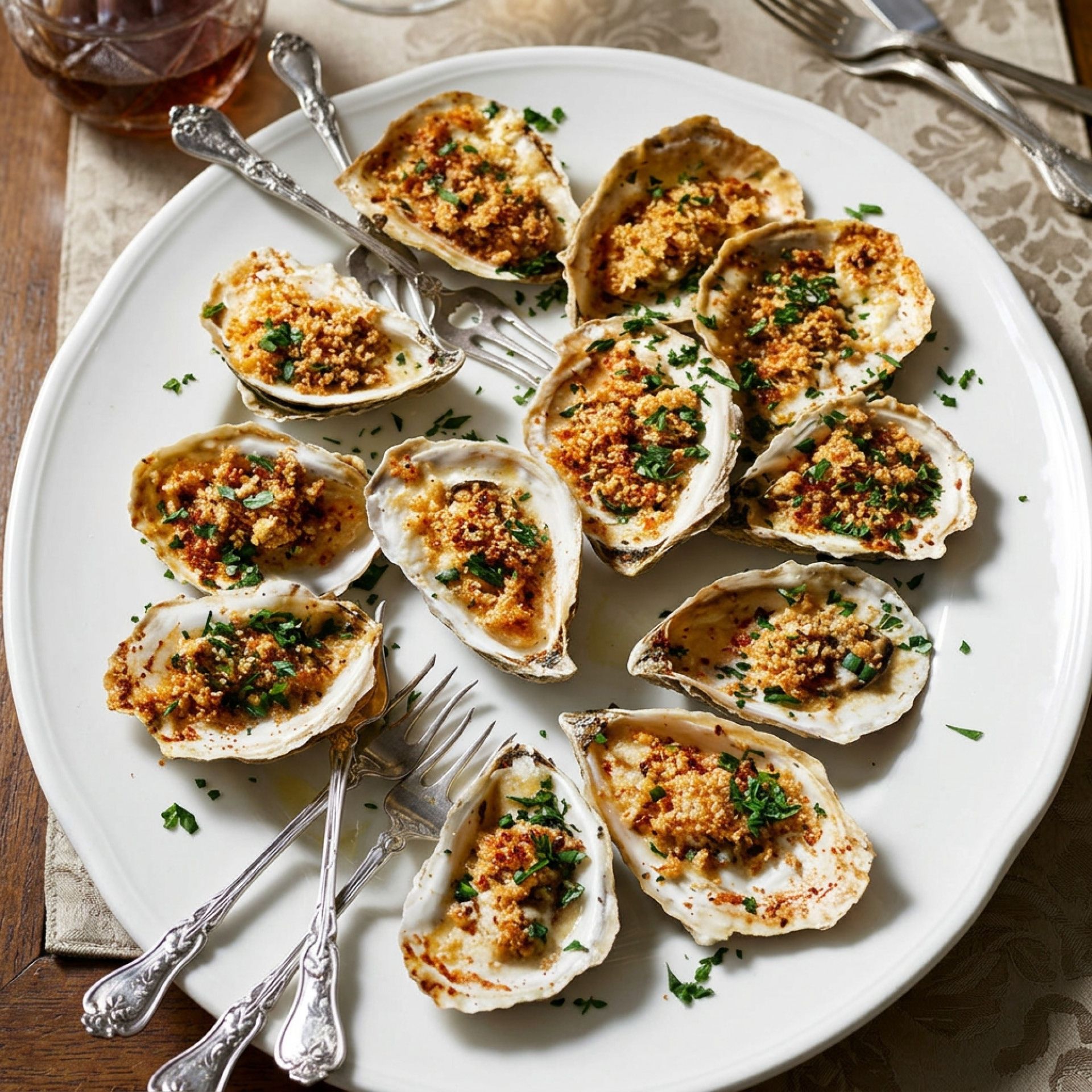 Baked oysters on half shells with breadcrumb topping and chopped parsley on a white platter