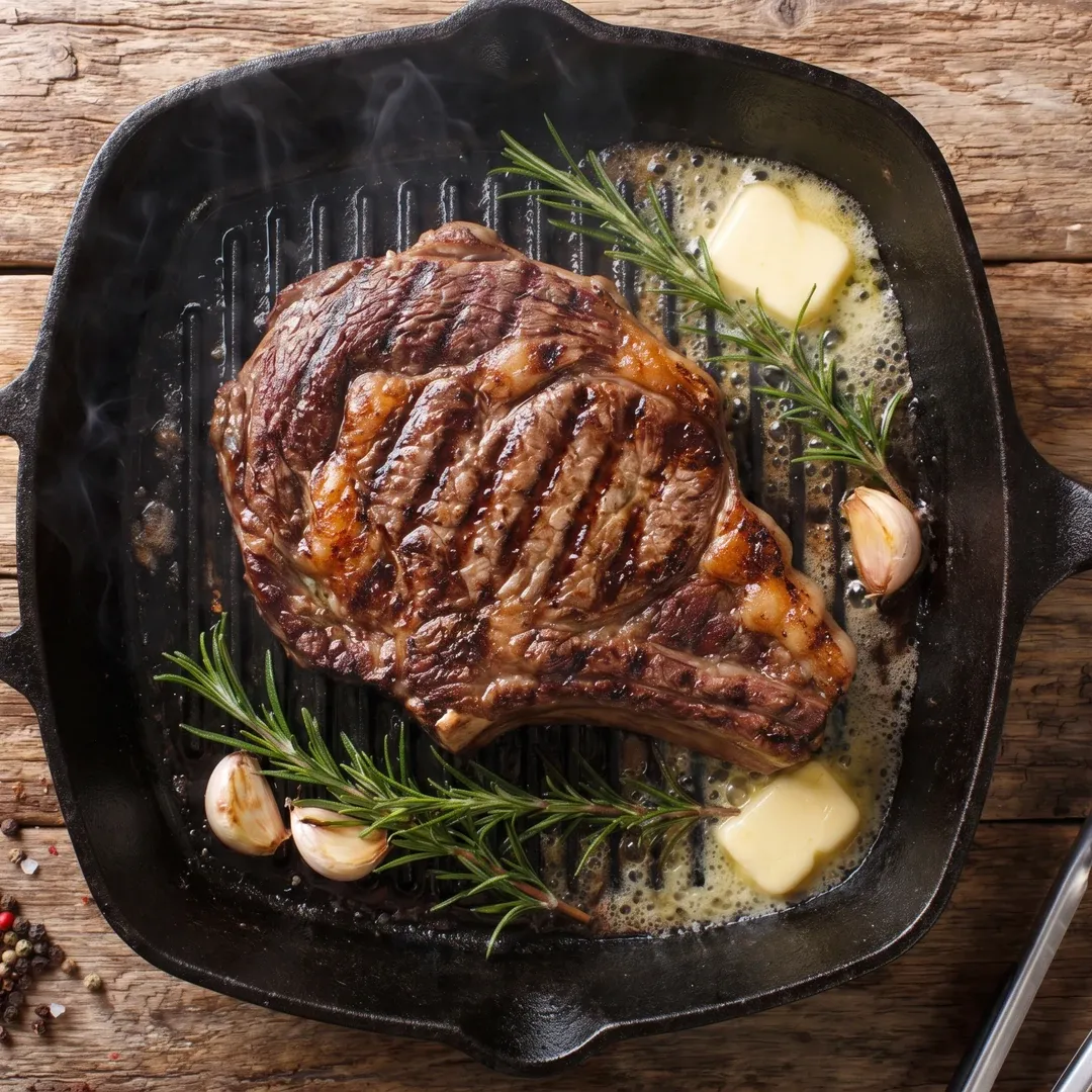 Juicy grilled steak searing in a cast-iron skillet with melted butter, garlic, and rosemary sprigs.