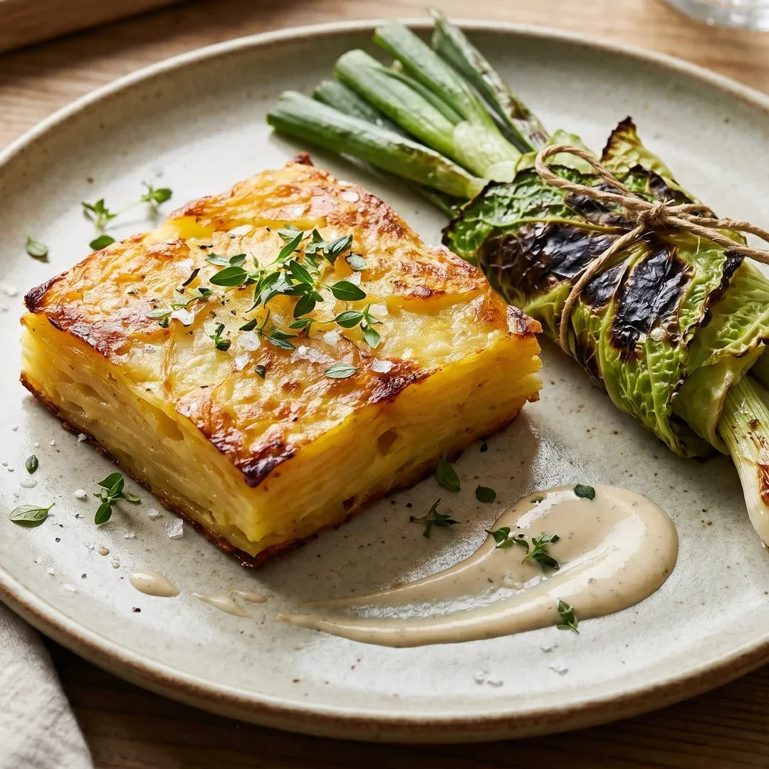 Pommes Veg-Anna med grillede springløg svøbt i kål.