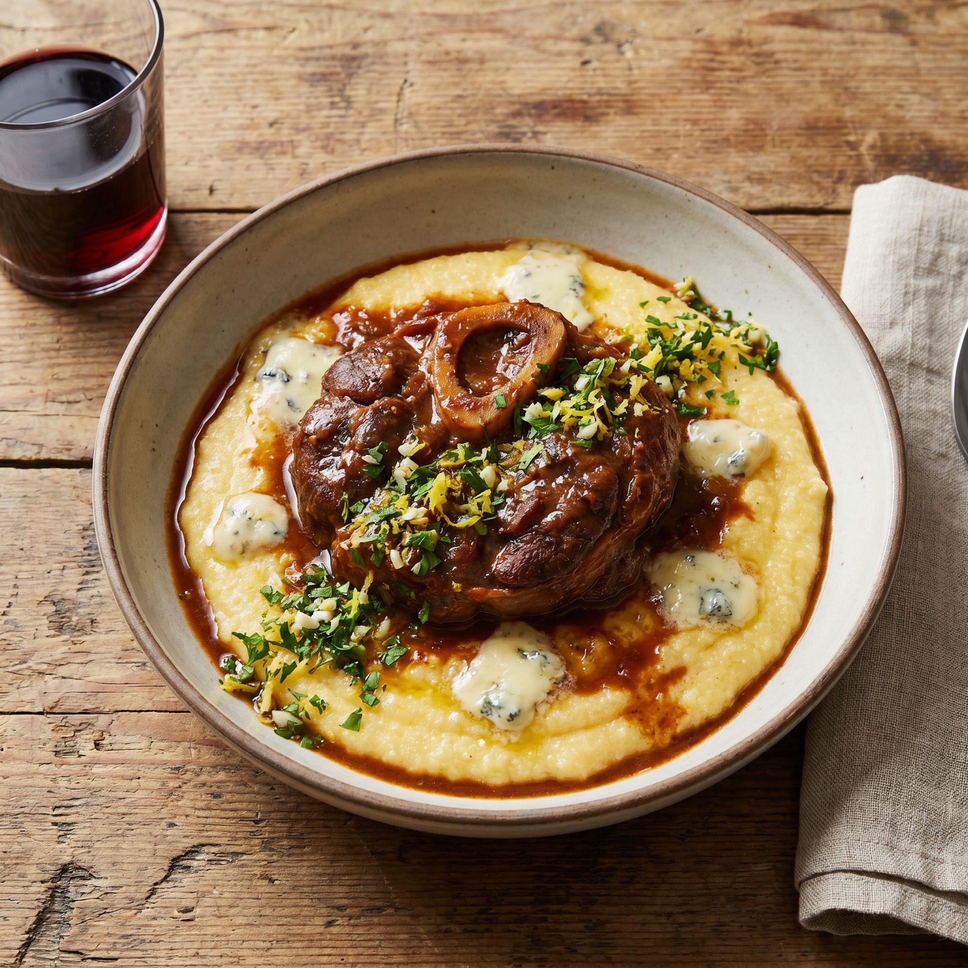 Creamy polenta topped with braised beef, blue cheese crumbles, and chopped herbs on a rustic wooden table with a glass of red wine beside it.