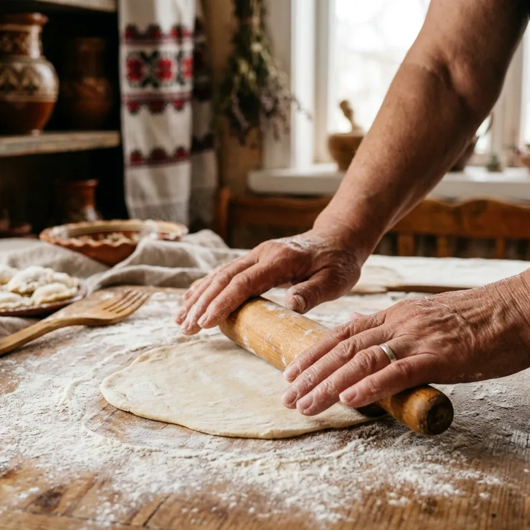 Hands rolling dough with a wooden rolling pin on a floured kitchen table, pastries in the background.