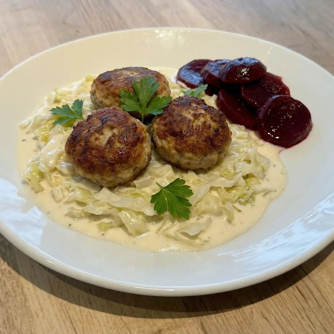 Creamy cabbage in sauce with three browned meatballs and beet slices on the side, garnished with parsley.