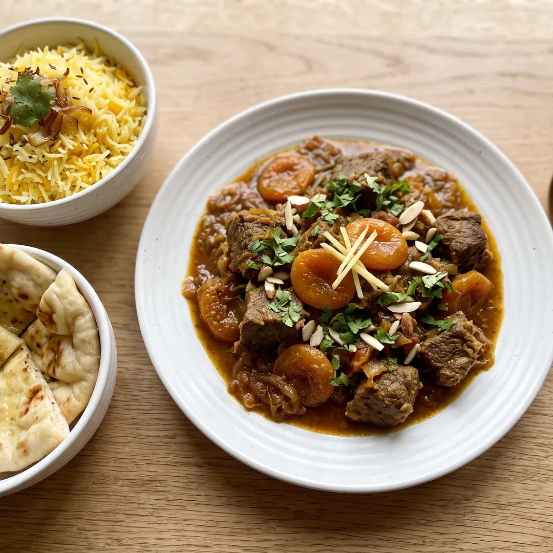 Beef curry med abrikoser, mandler, ris og fladbrød.