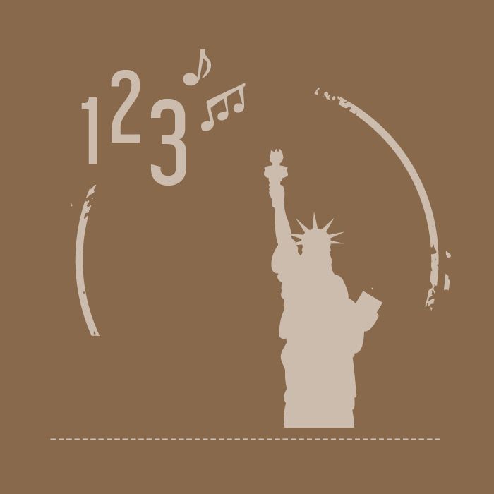 Beige silhouette of the Statue of Liberty with 1 2 3 and musical notes on a brown background, framed by curved arcs.