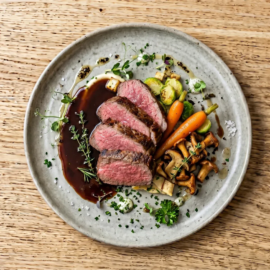 Sliced medium-rare beef tenderloin with roasted carrots, mushrooms, Brussels sprouts and greens on a plate with a dark glaze.