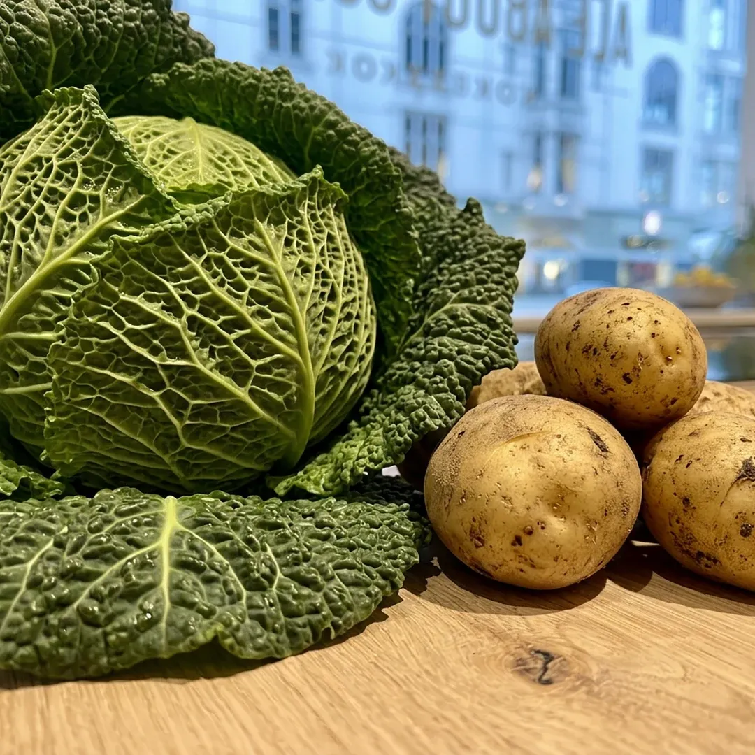 Savoy cabbage with crinkled leaves and several russet potatoes on a wooden table.