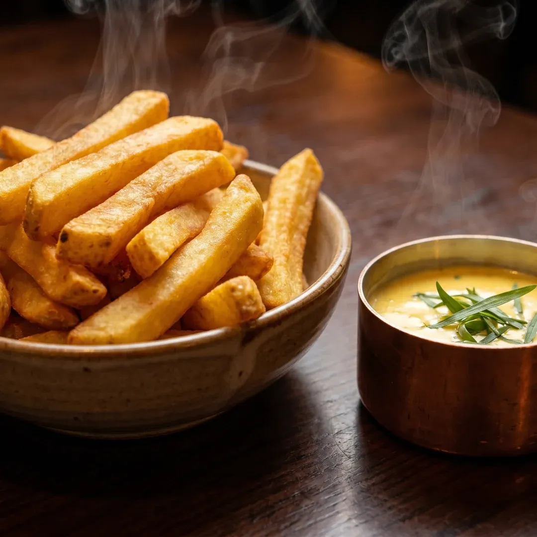 Homefries og klassisk bearnaise serveret varmt.