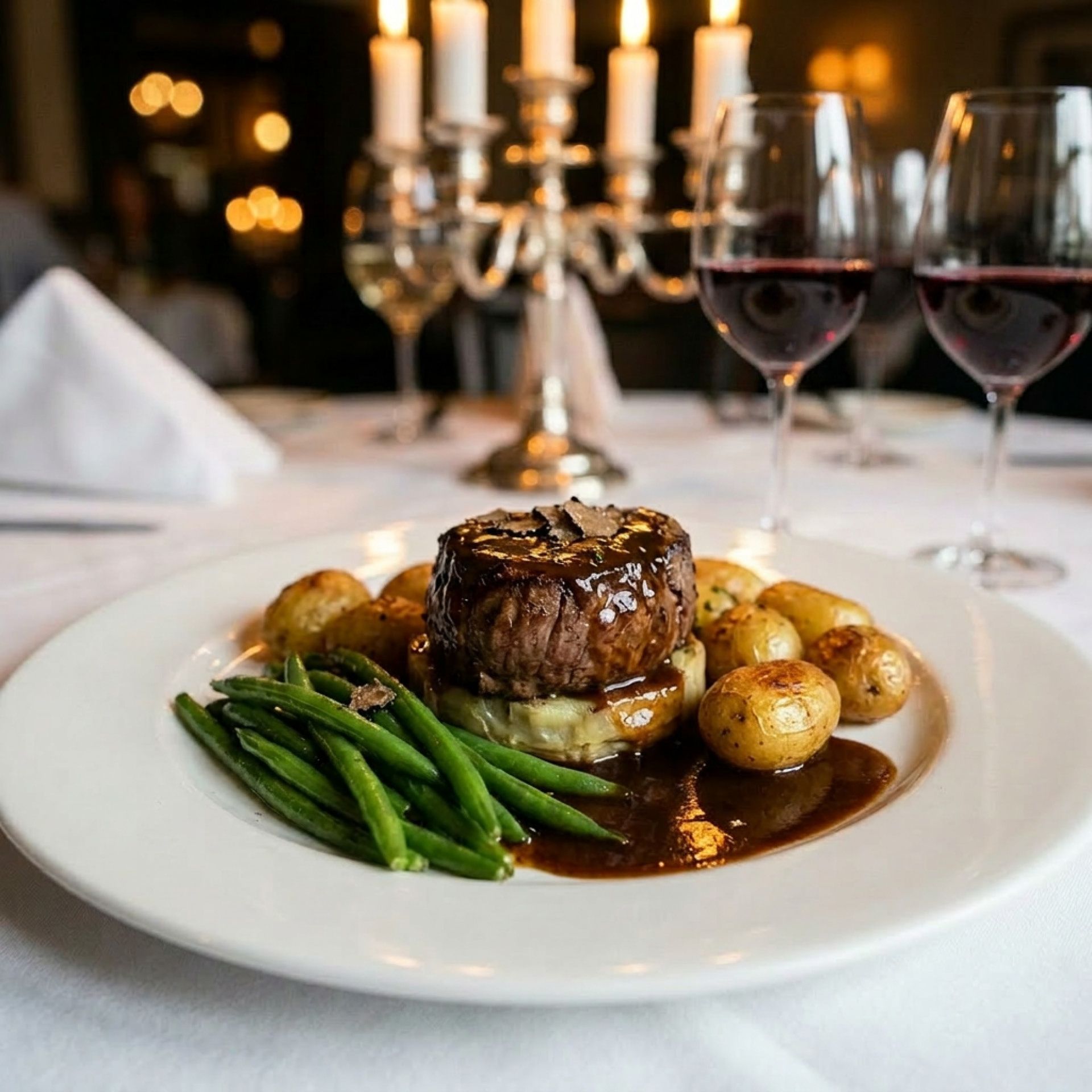 Plate of steak with potatoes and green beans in a glossy sauce, candlelit dining in the background