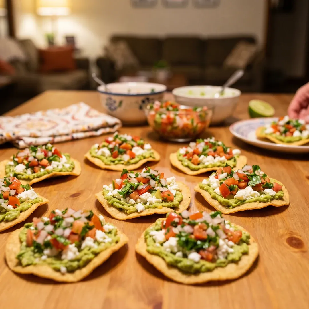 Tortilla chips topped with guacamole, crumbled cheese, diced tomatoes, and cilantro on a wooden table.