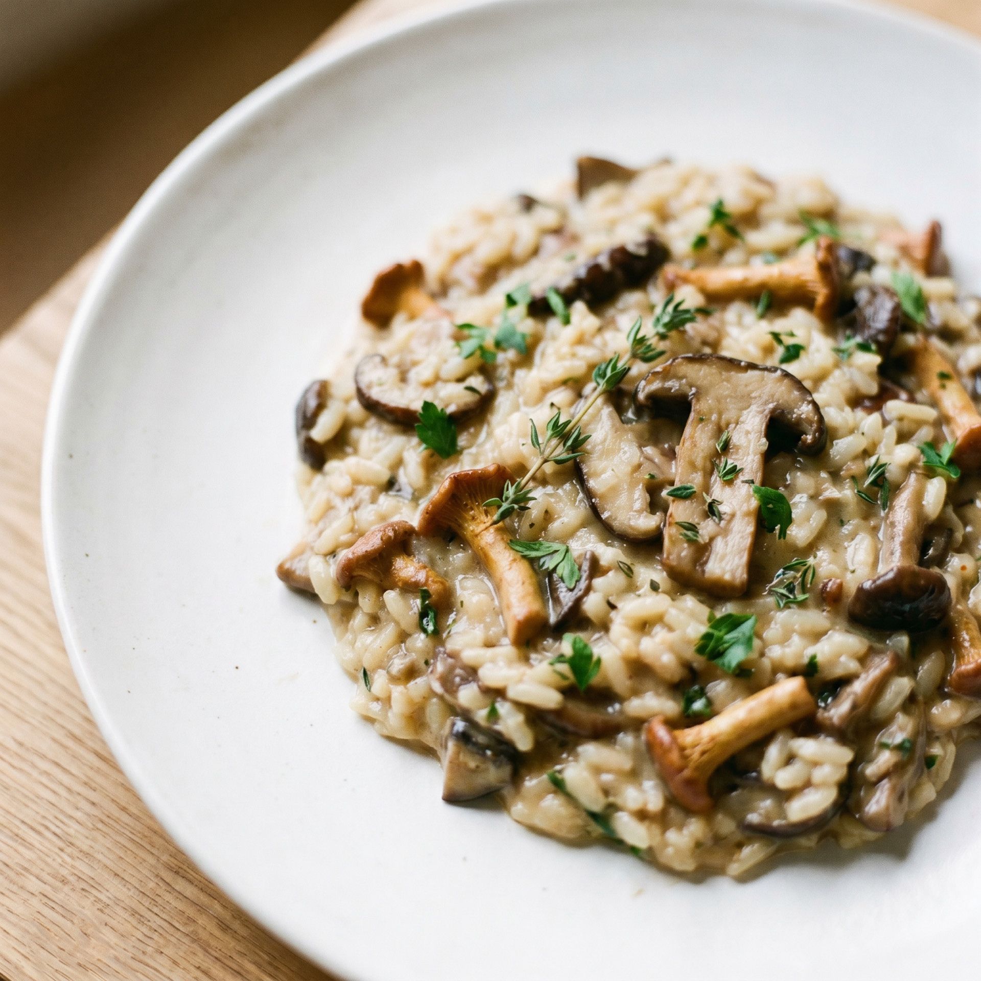 Creamy mushroom risotto garnished with parsley on a white plate.
