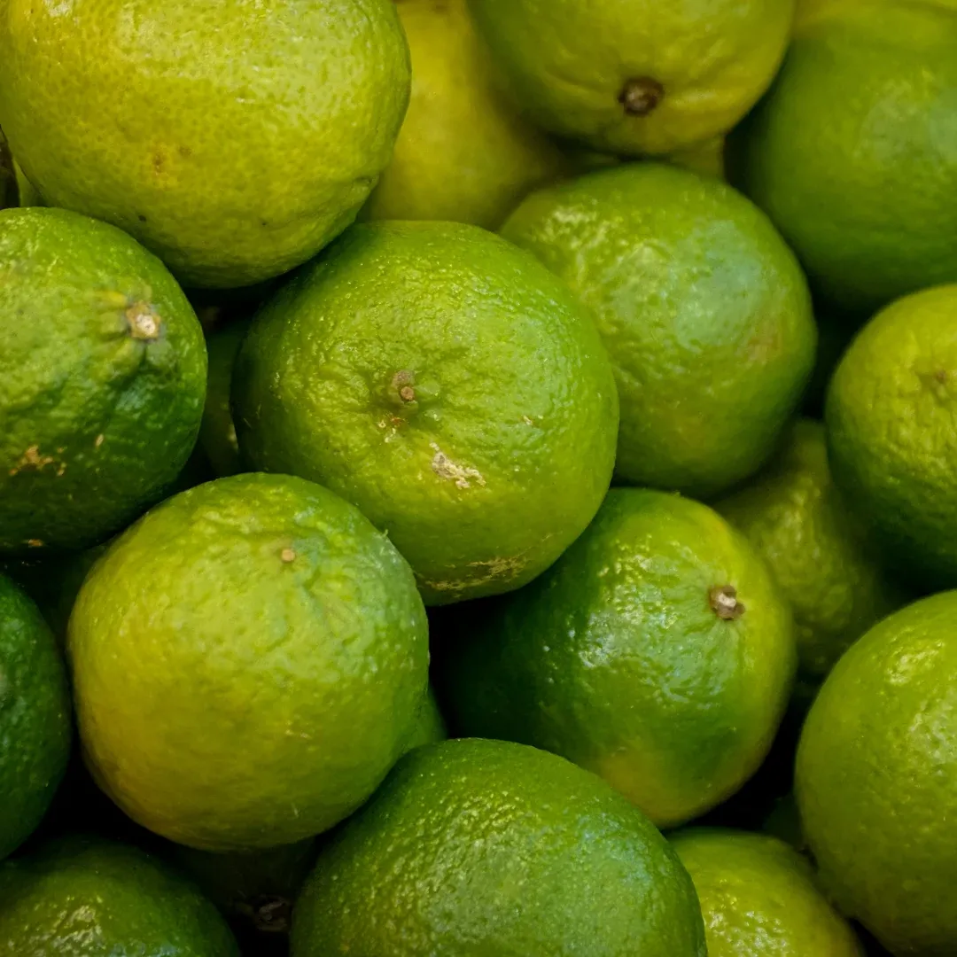 Close-up of bright green limes with textured skin.