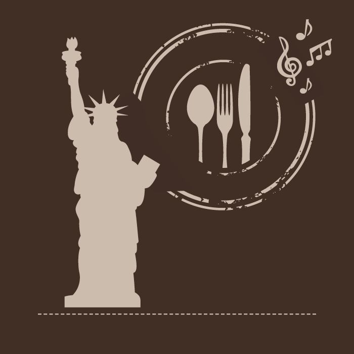 Statue of Liberty silhouette beside a stylized plate with a spoon, fork and knife, with musical notes nearby.
