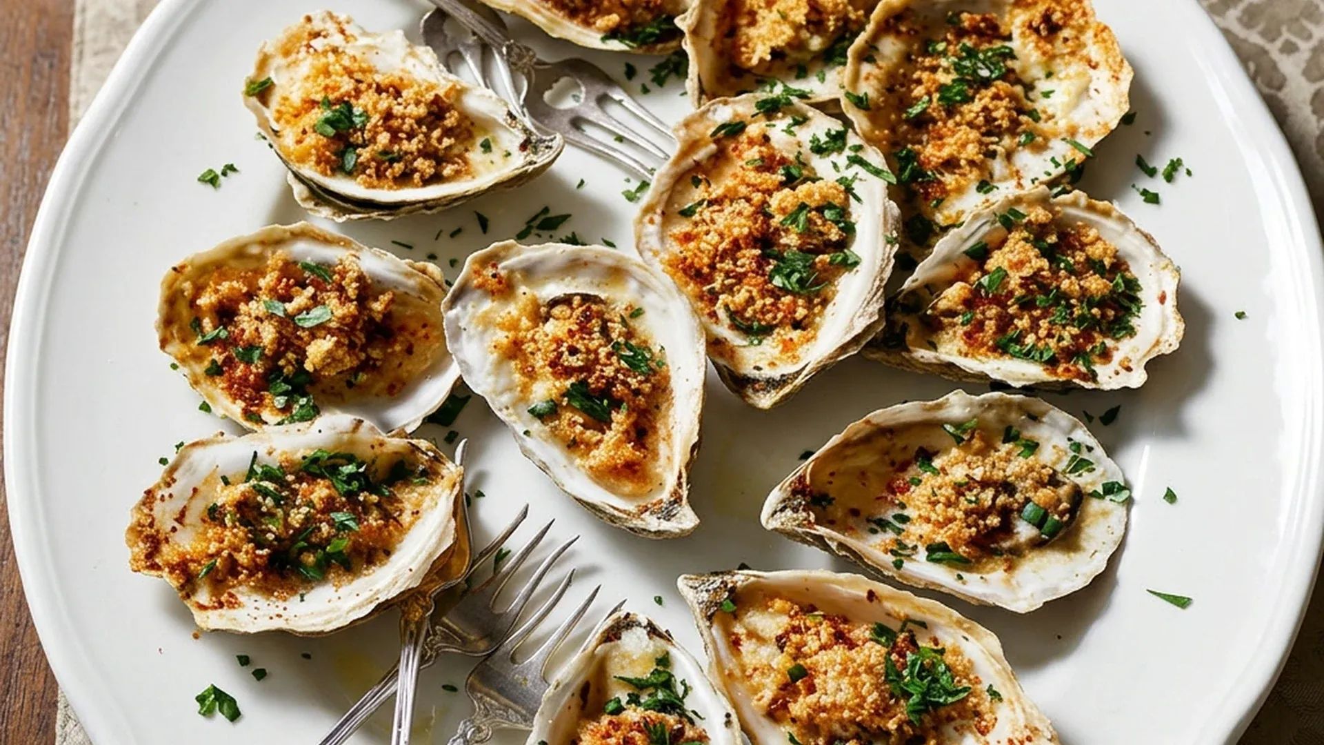 Baked oysters on shells with golden breadcrumb topping and chopped parsley on a white plate, close-up.